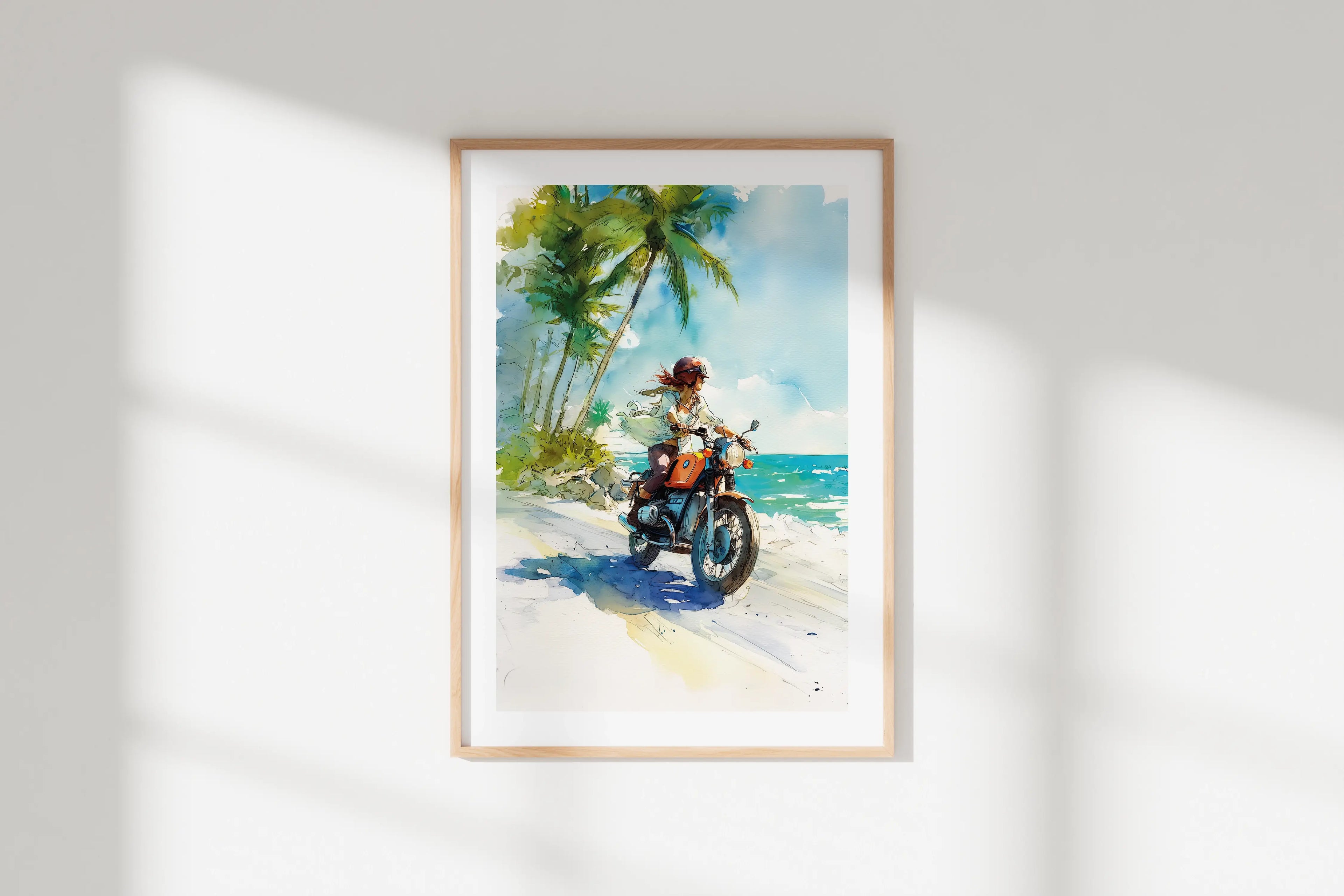 Poster BMW Twin aquarelle, motarde sur route tropicale, cadre mural, ambiance déco intérieure.