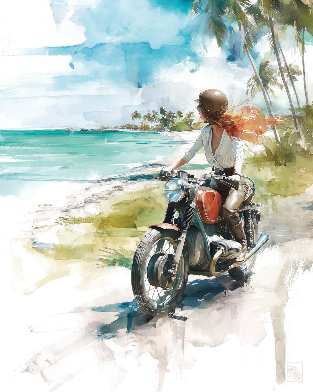 Affiche moto BMW Twin aquarelle route côtière Caraïbes