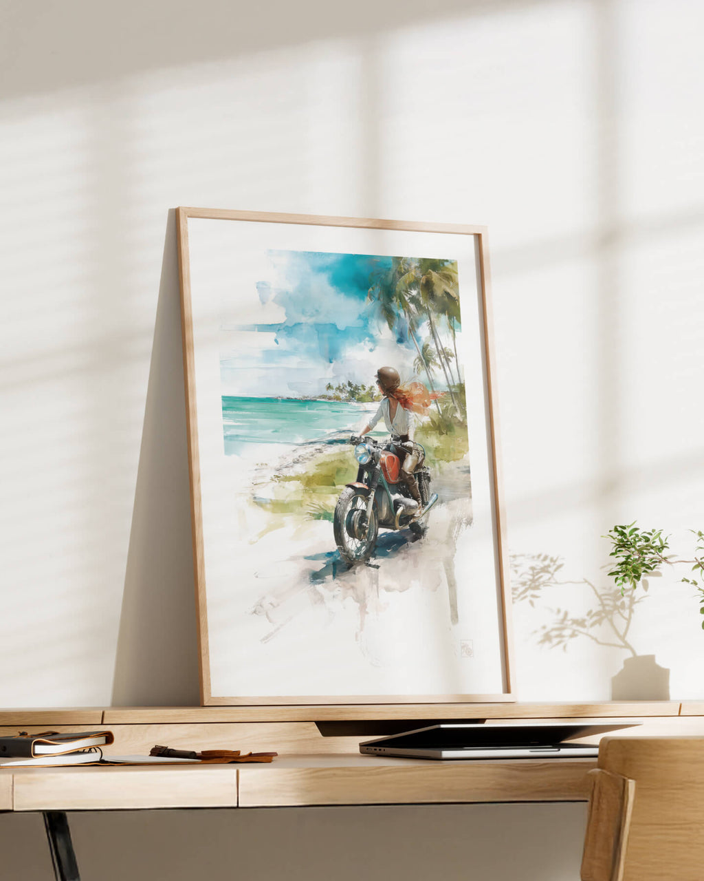 Affiche moto BMW Twin aquarelle route côtière Caraïbes