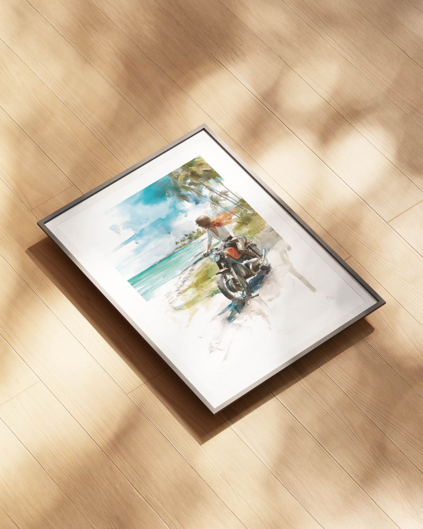 Affiche moto BMW Twin aquarelle route côtière Caraïbes