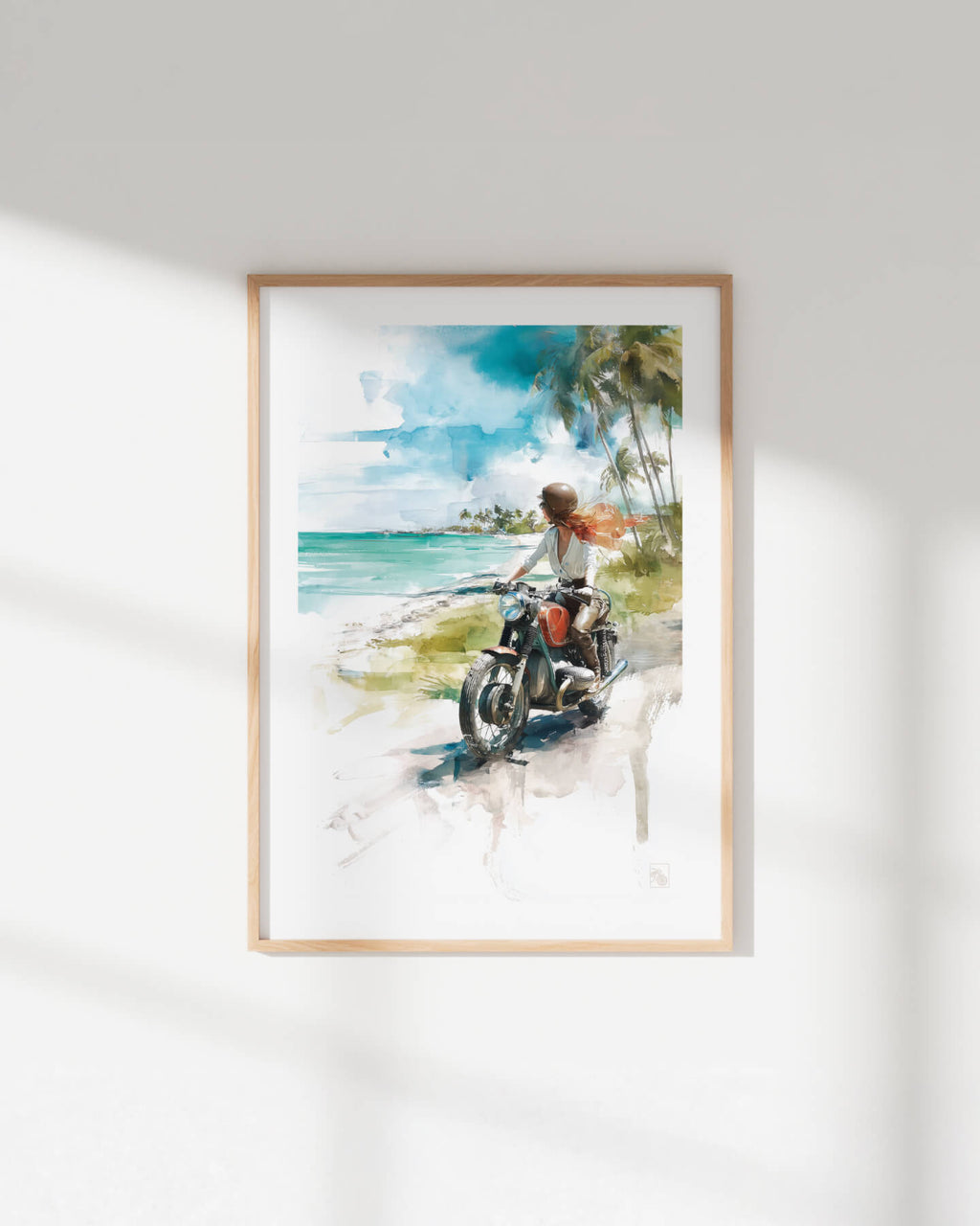 Affiche moto BMW Twin aquarelle route côtière Caraïbes