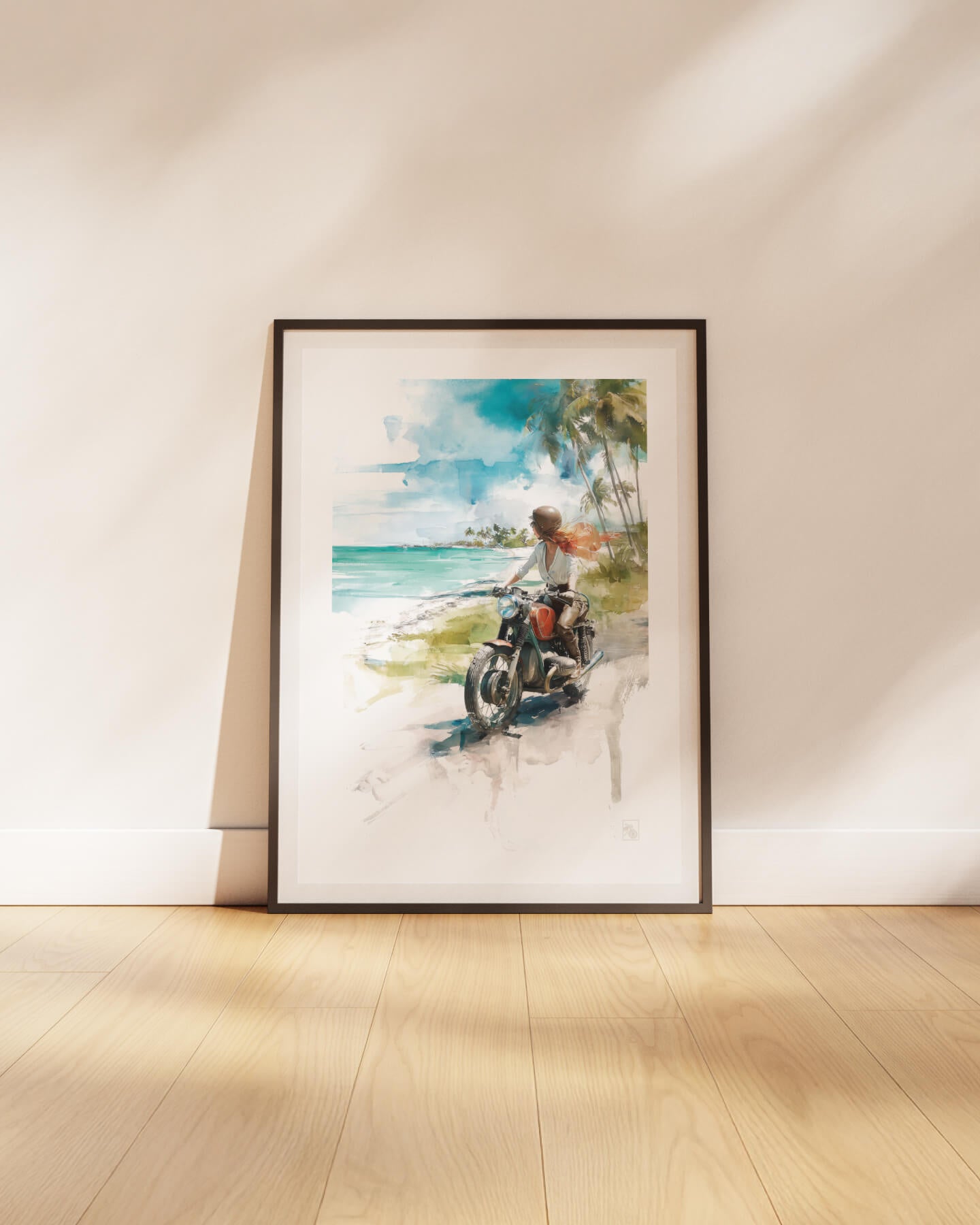 Affiche moto BMW Twin aquarelle route côtière Caraïbes