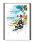 Affiche moto BMW Twin aquarelle route côtière Caraïbes