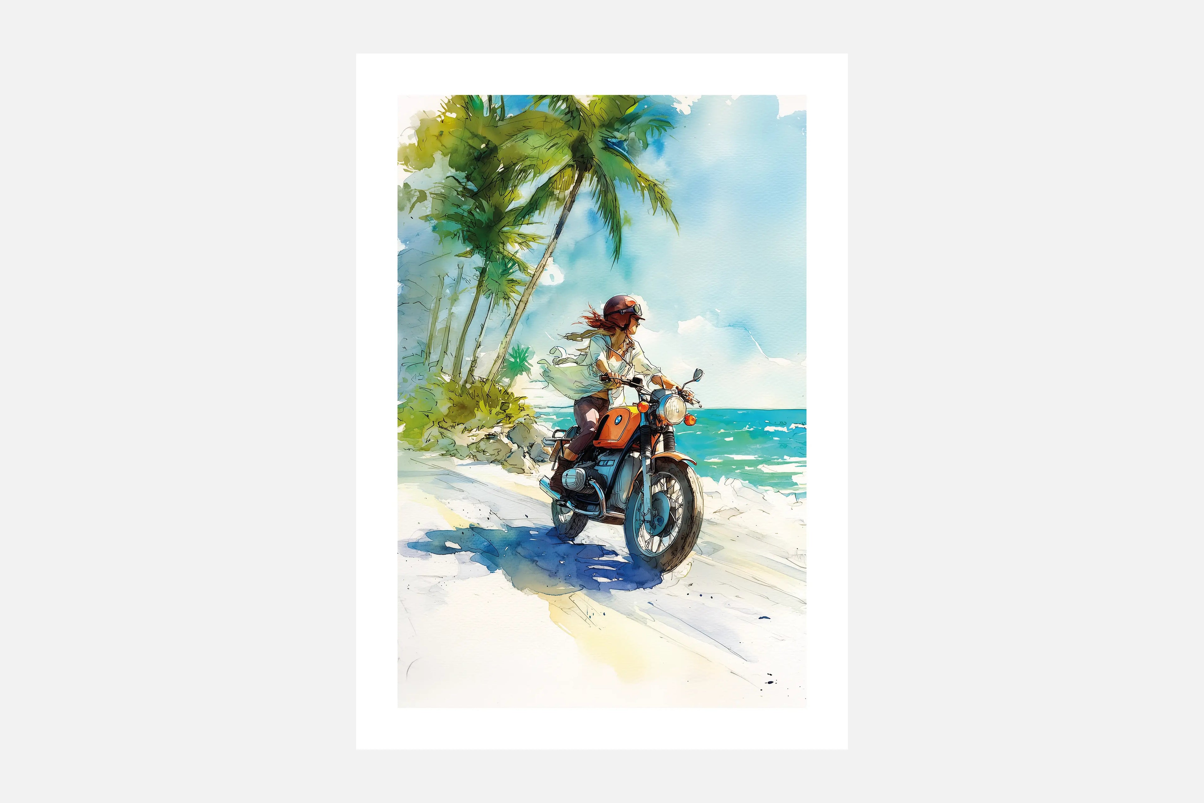 Poster moto BMW Twin aquarelle, motarde sur route des Caraïbes, palmiers et mer turquoise, édition limitée.