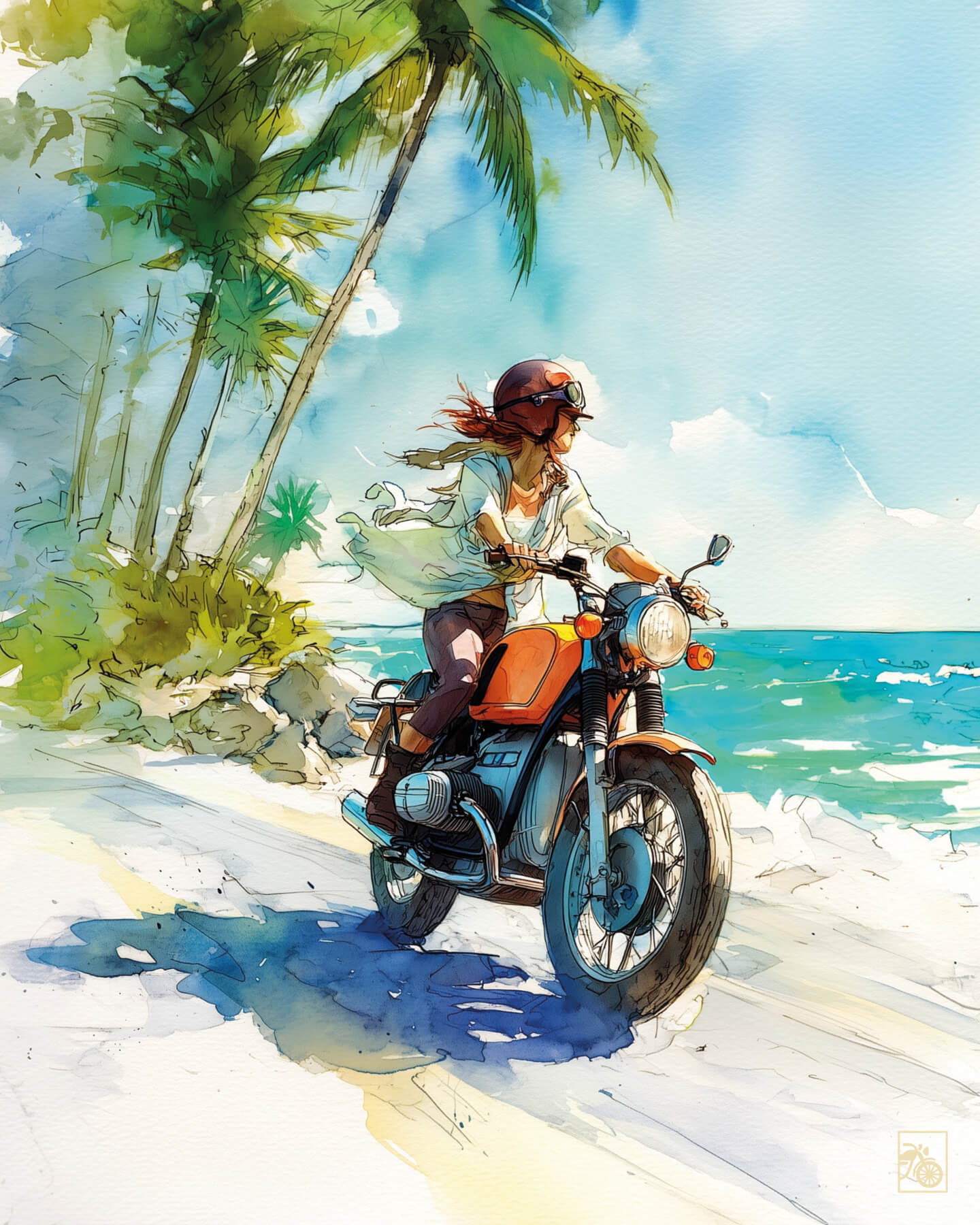 Affiche moto BMW Twin aquarelle vintage route côtière des Caraïbes