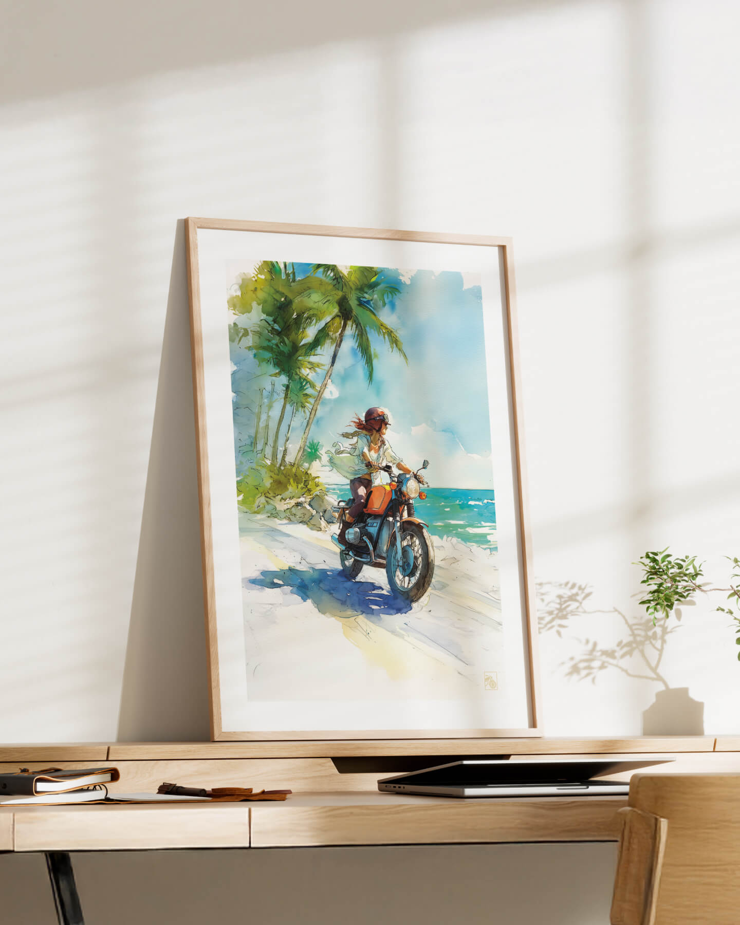 Affiche moto BMW Twin aquarelle vintage route côtière des Caraïbes