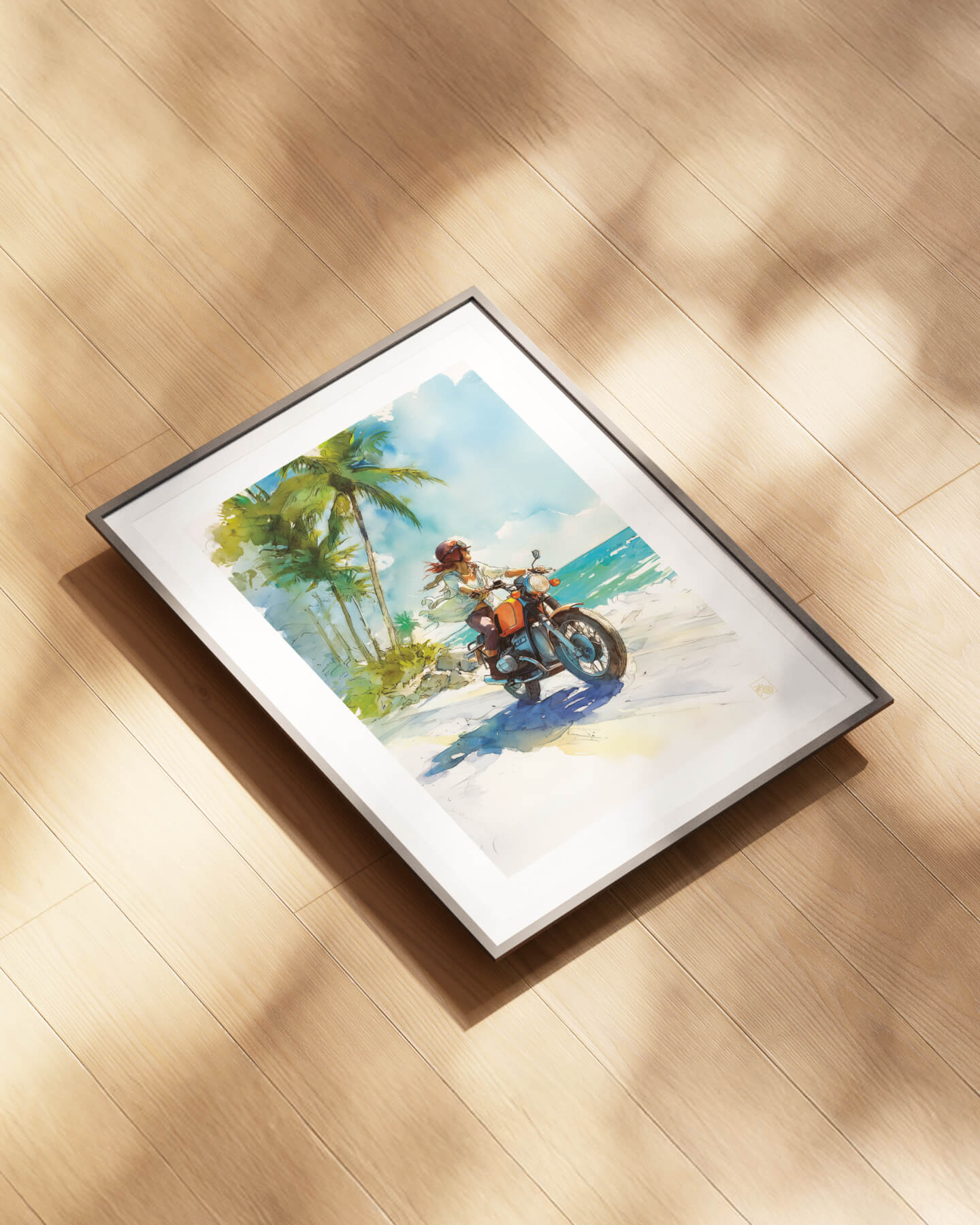 Affiche moto BMW Twin aquarelle vintage route côtière des Caraïbes