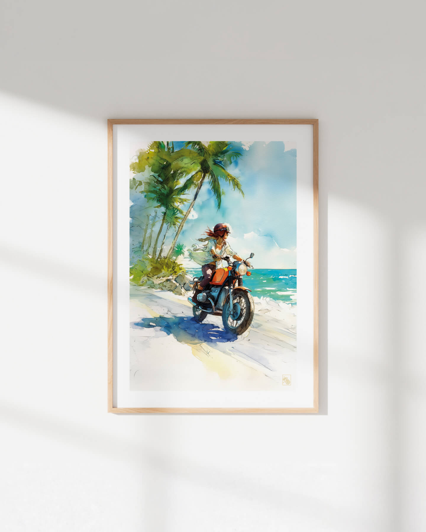 Affiche moto BMW Twin aquarelle vintage route côtière des Caraïbes