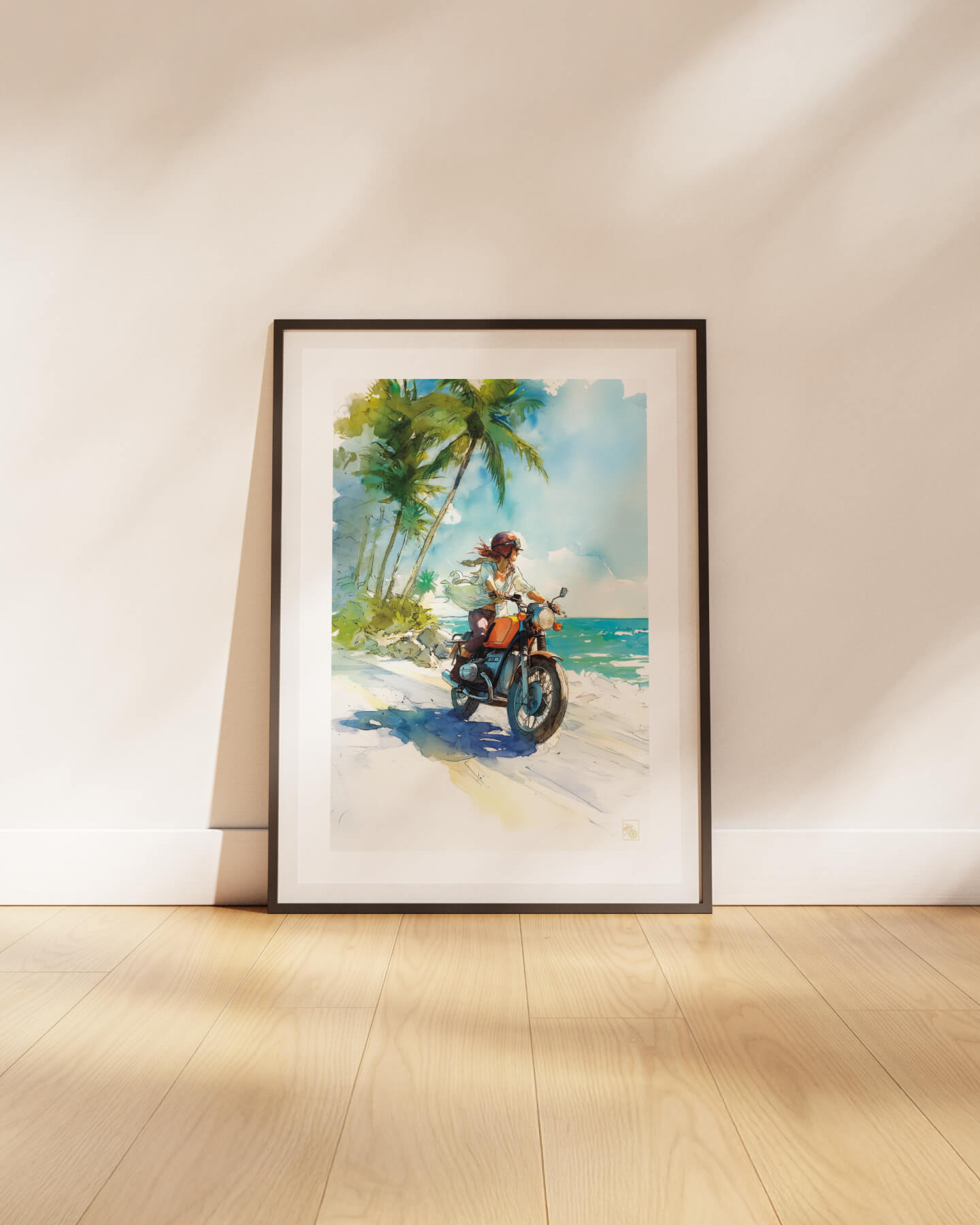 Affiche moto BMW Twin aquarelle vintage route côtière des Caraïbes