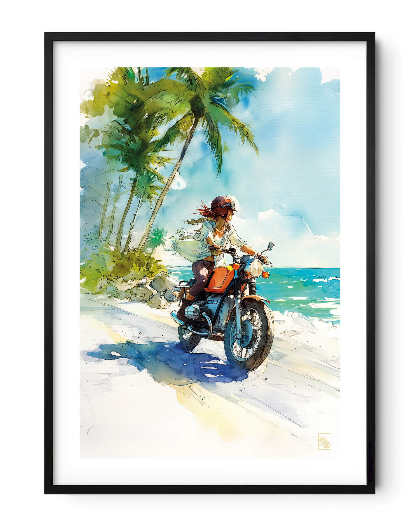 Affiche moto BMW Twin aquarelle vintage route côtière des Caraïbes