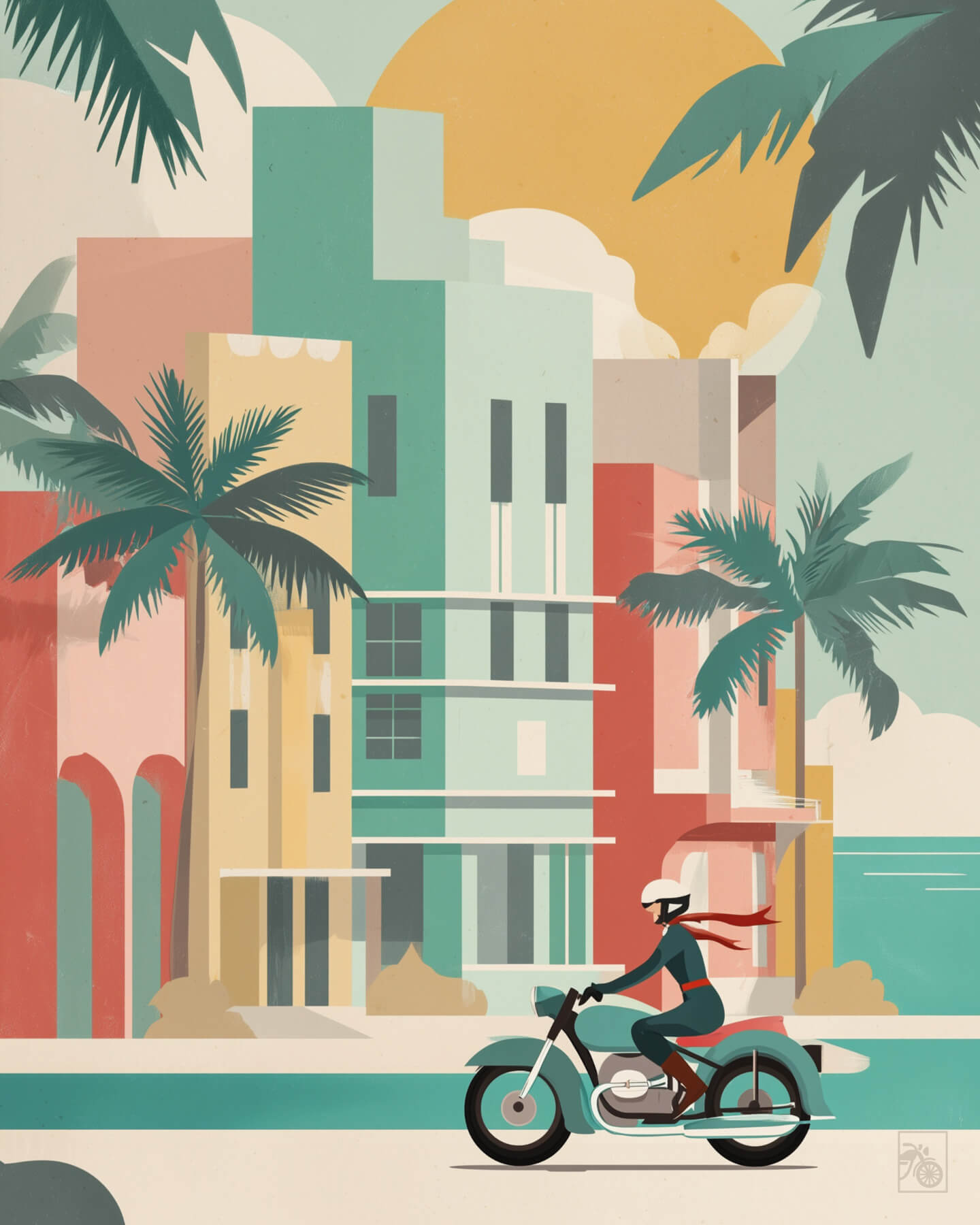 Affiche moto BMW Twin Art Deco minimaliste Miami Ocean Drive