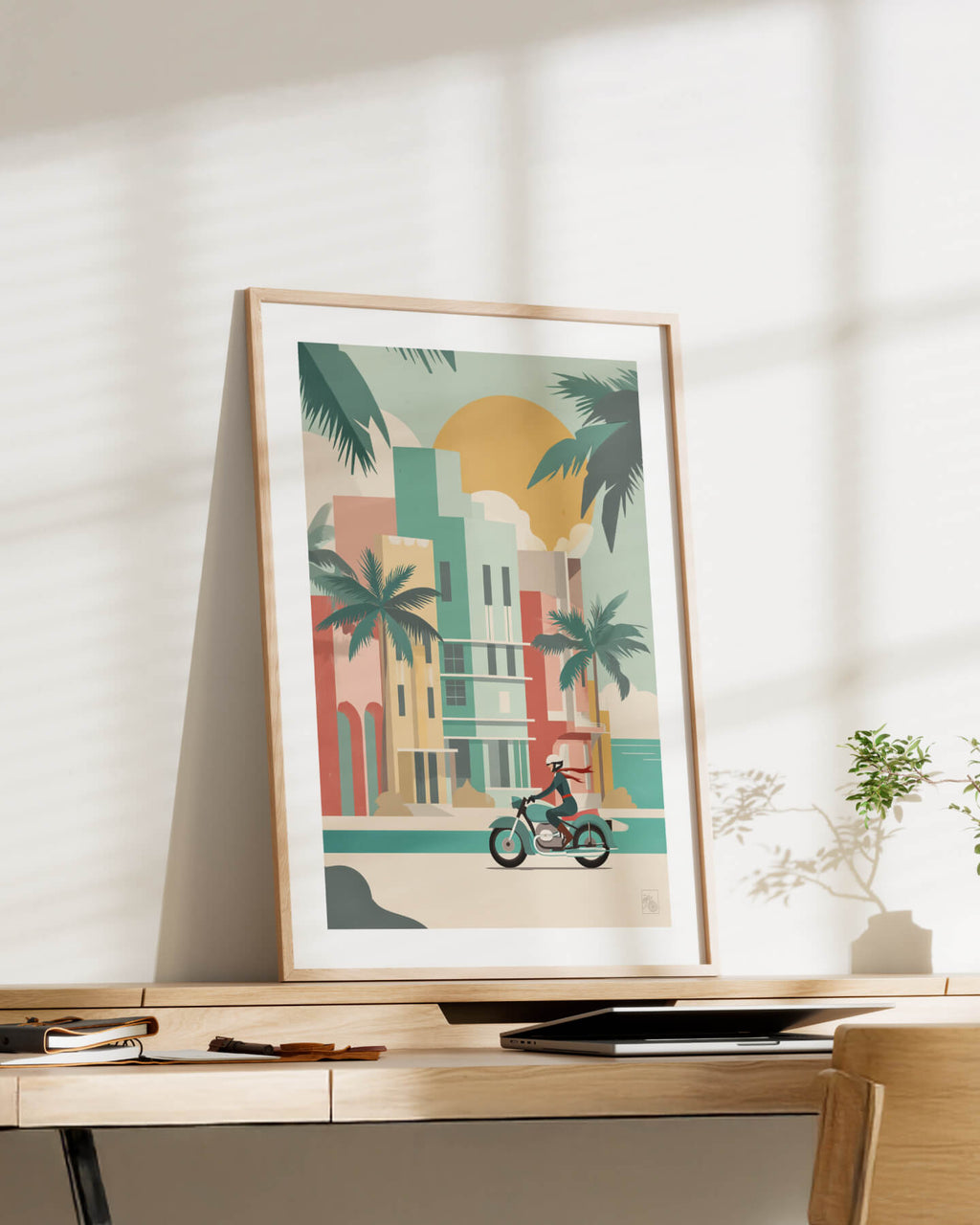 Affiche moto BMW Twin Art Deco minimaliste Miami Ocean Drive