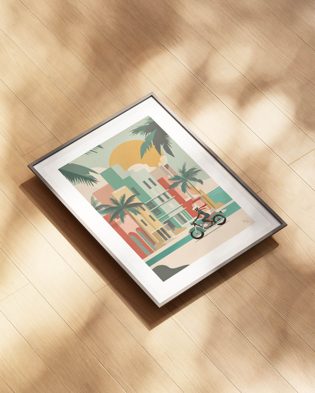 Affiche moto BMW Twin Art Deco minimaliste Miami Ocean Drive