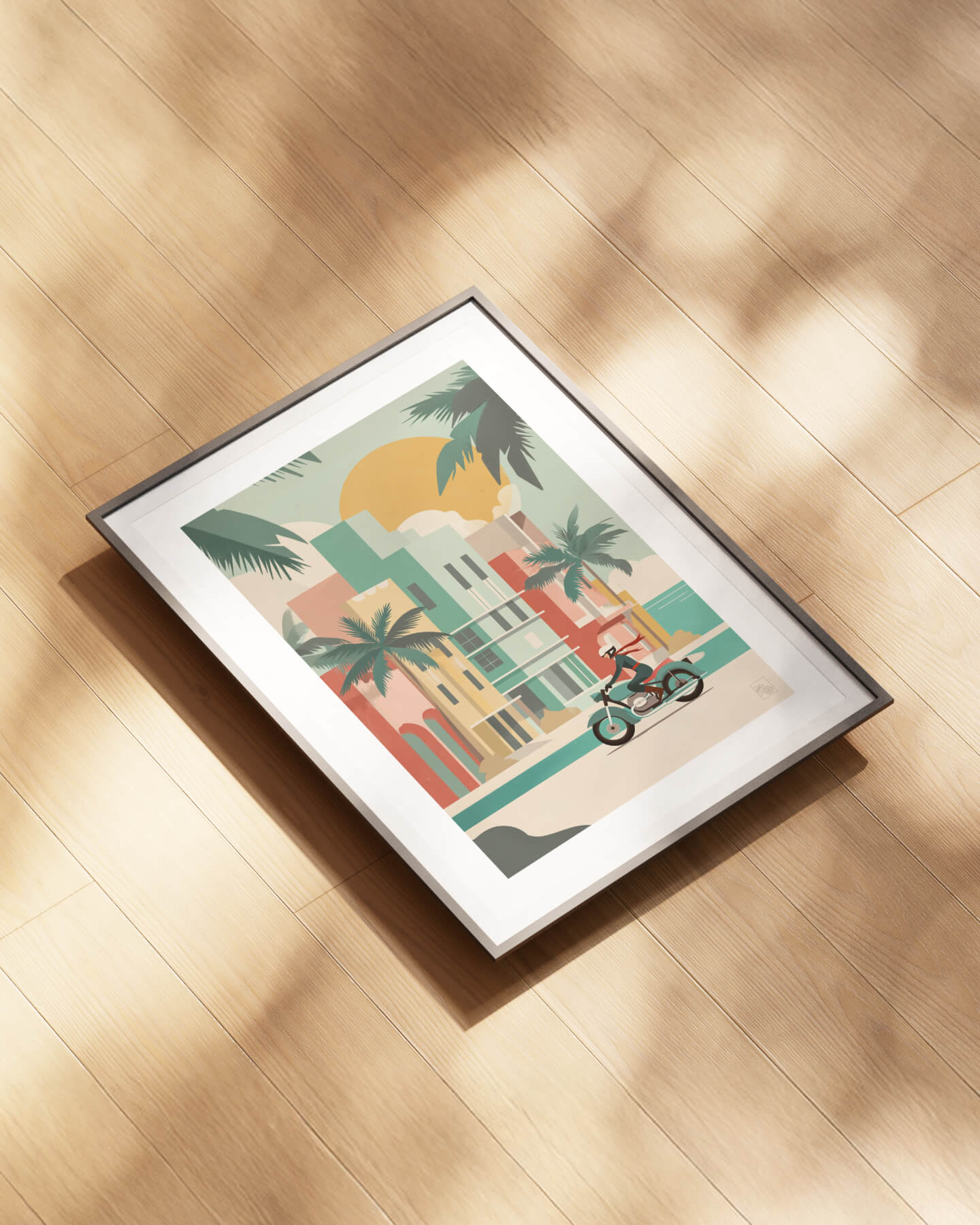 Affiche moto BMW Twin Art Deco minimaliste Miami Ocean Drive