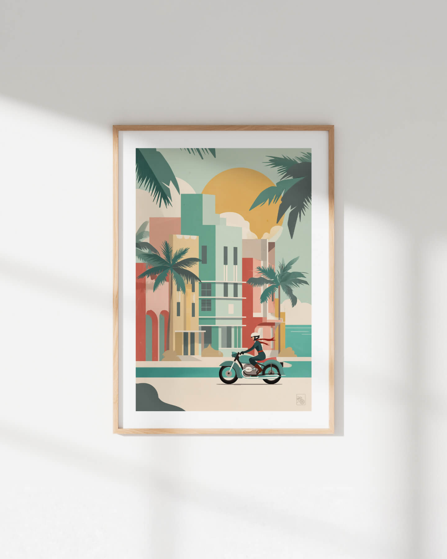 Affiche moto BMW Twin Art Deco minimaliste Miami Ocean Drive