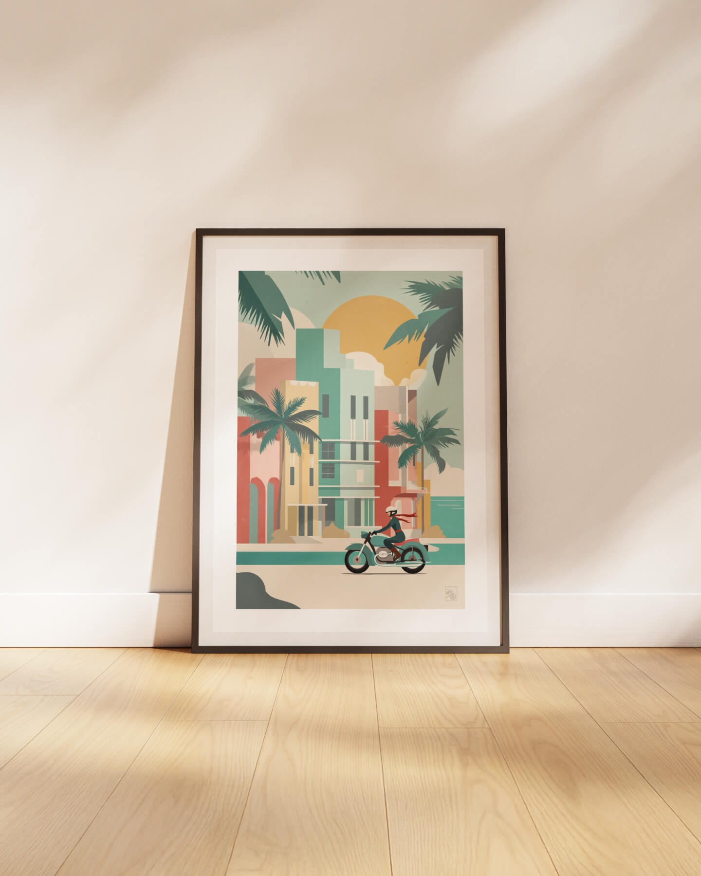 Affiche moto BMW Twin Art Deco minimaliste Miami Ocean Drive