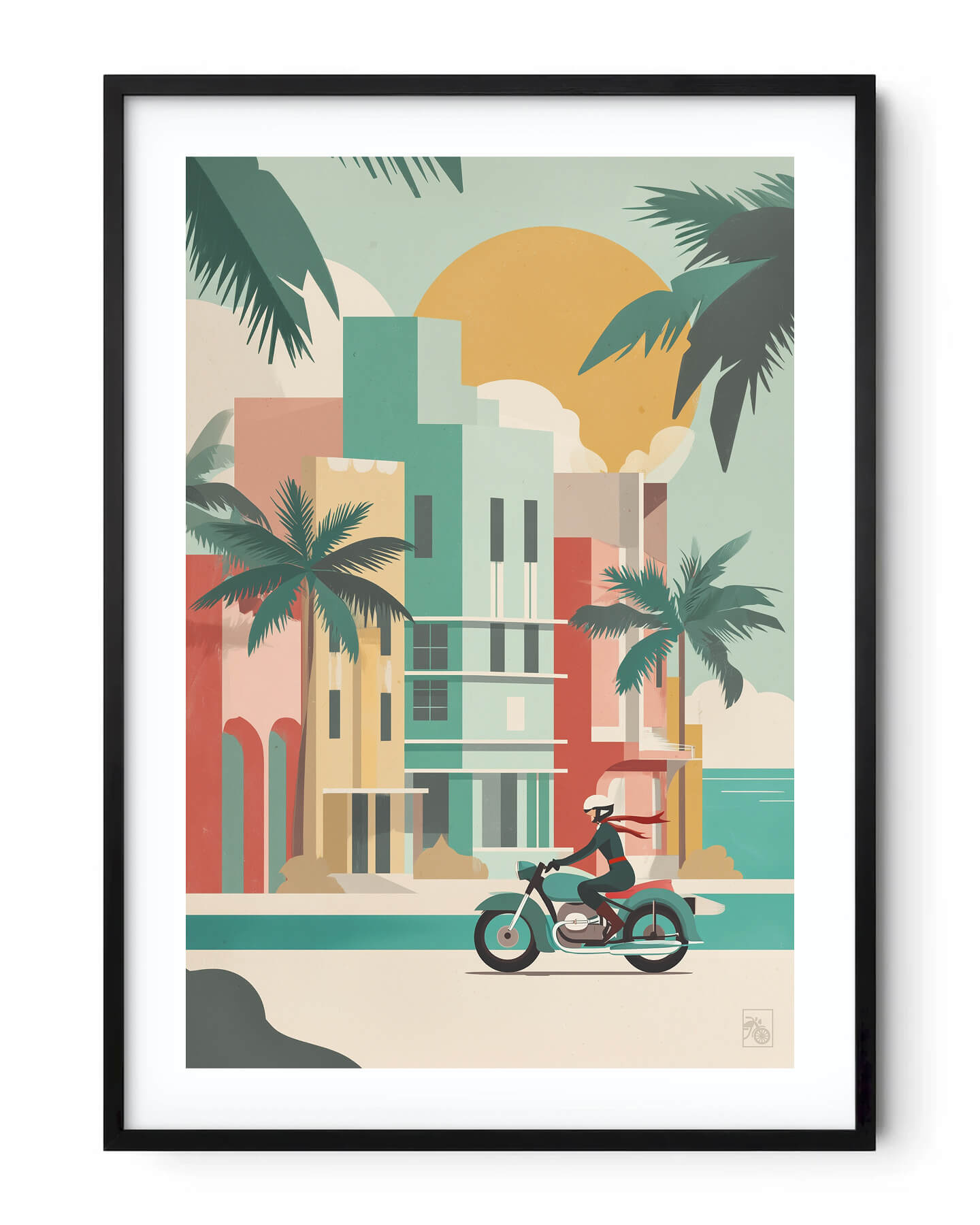 Affiche moto BMW Twin Art Deco minimaliste Miami Ocean Drive