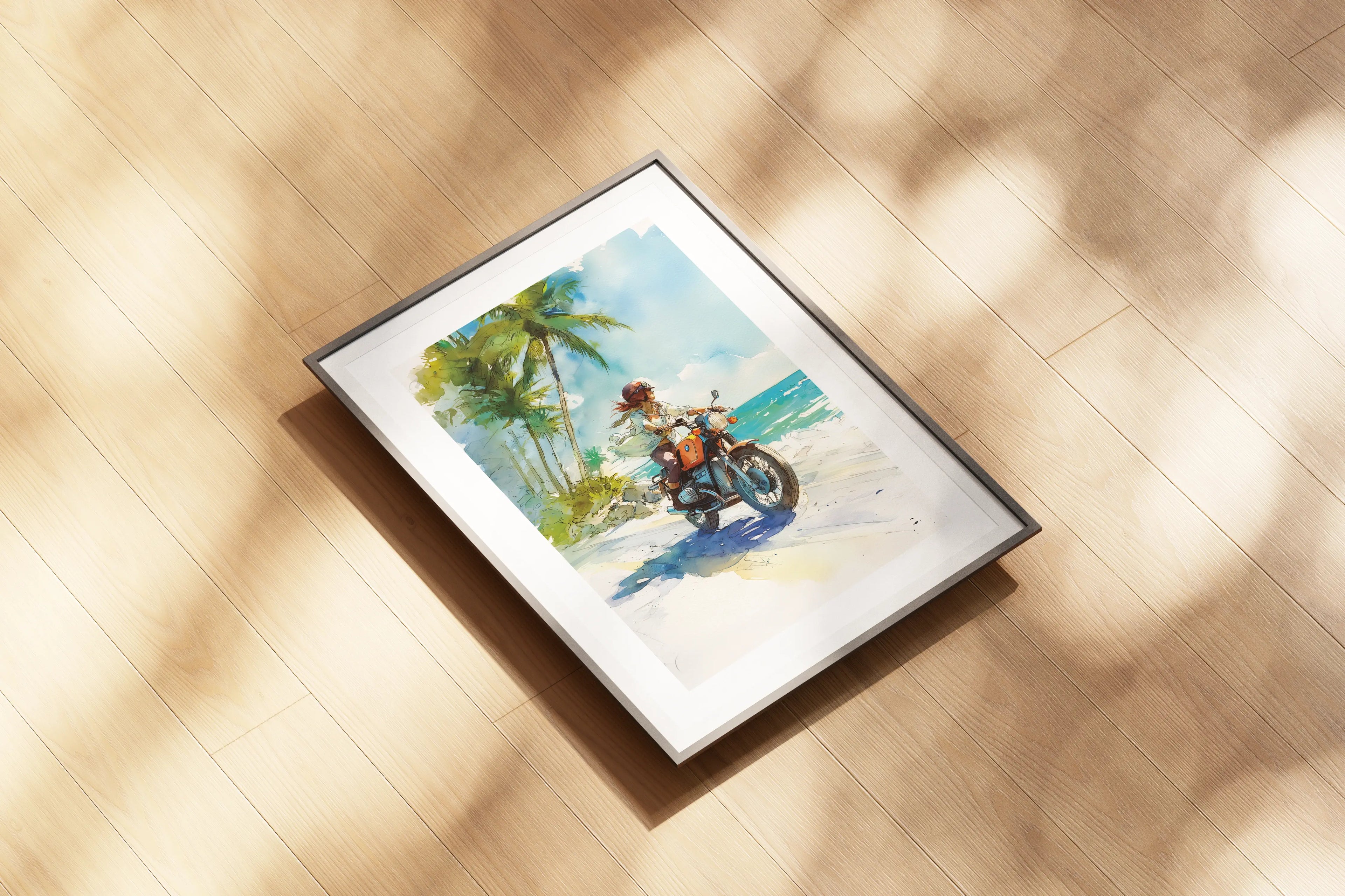 Poster moto BMW Twin en aquarelle, motarde tropicale, route côtière, océan et ciel bleu, vue à plat.