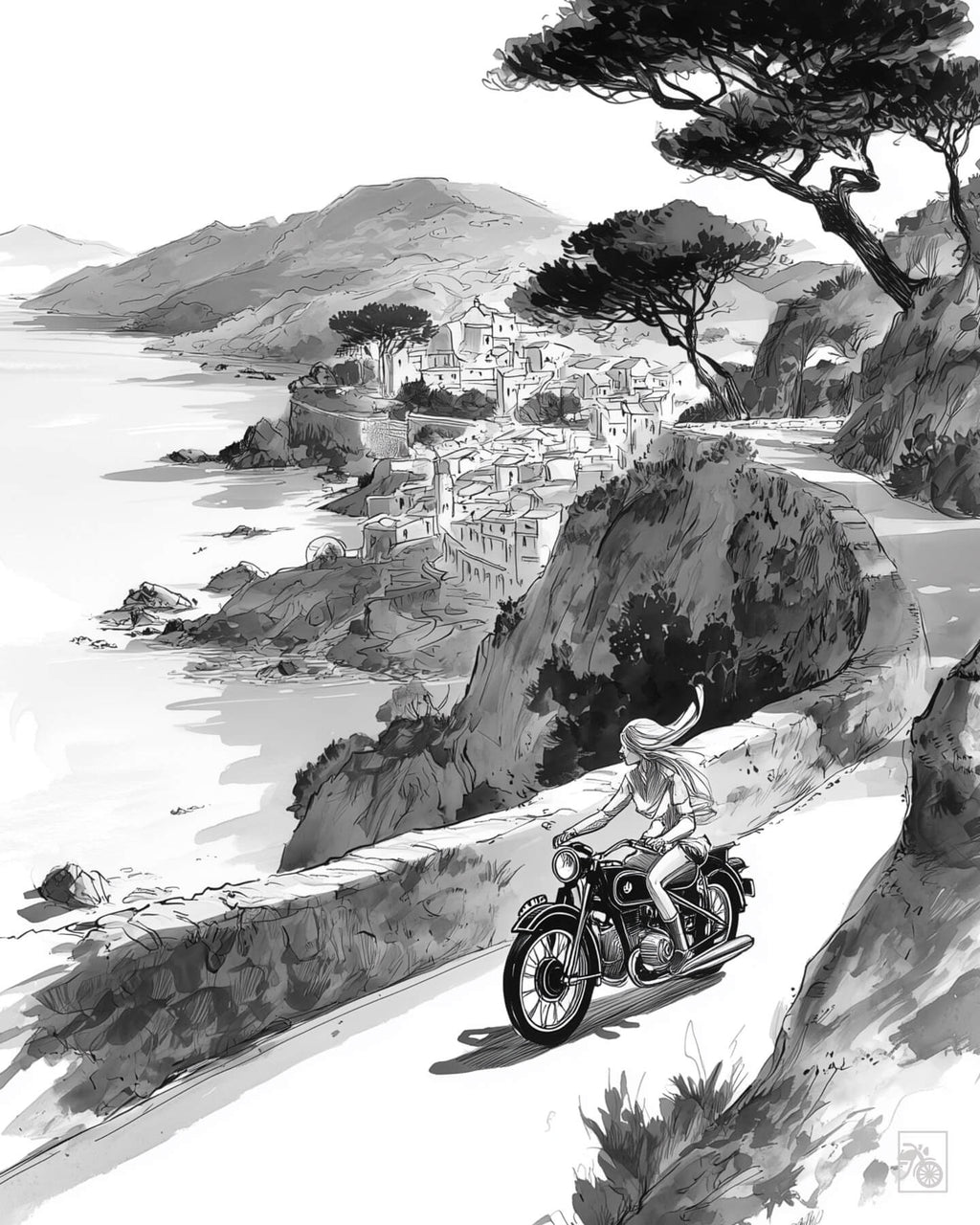 Affiche moto BMW Twin encre sumi e route côtière Côte d’Azur