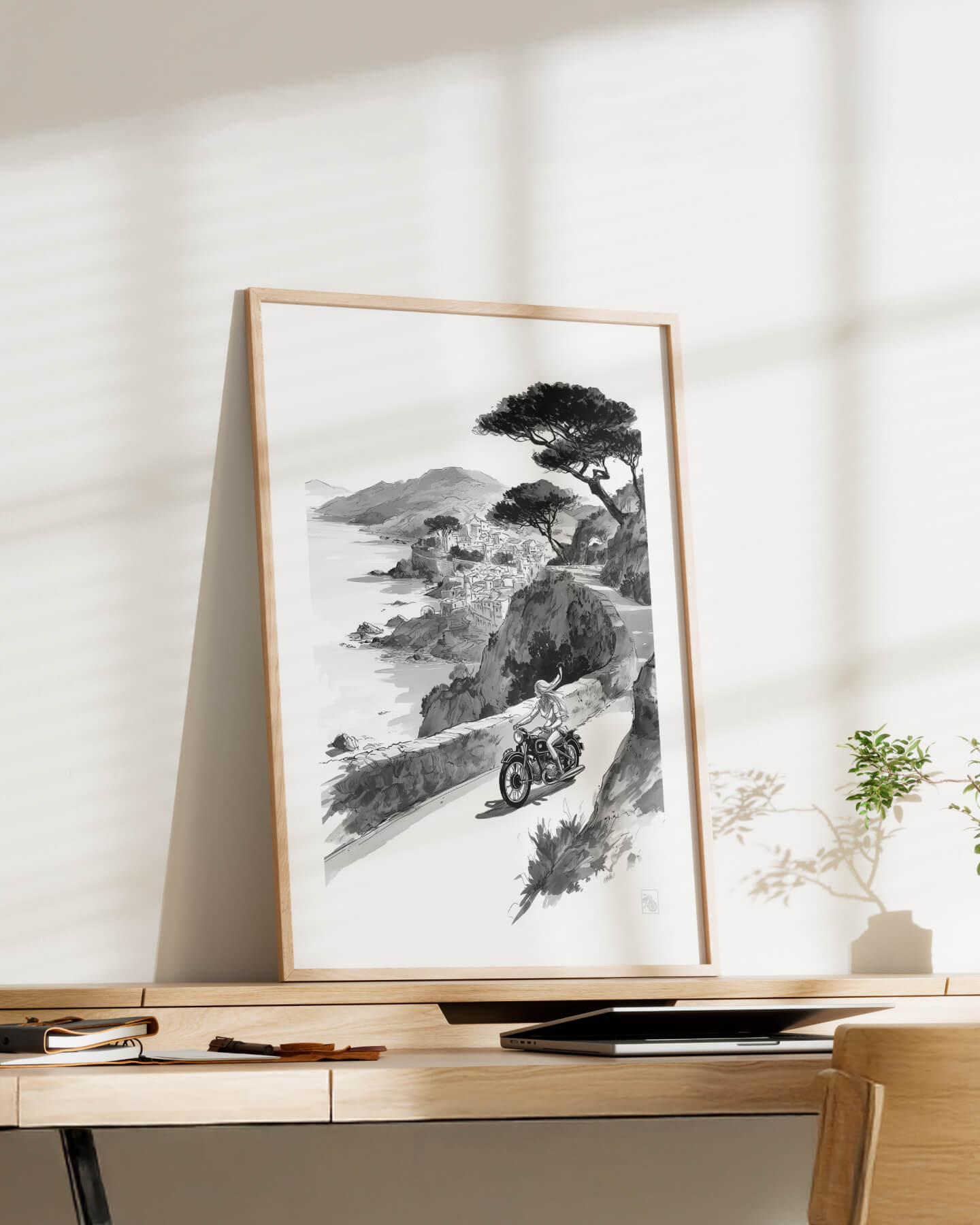 Affiche moto BMW Twin encre sumi e route côtière Côte d’Azur