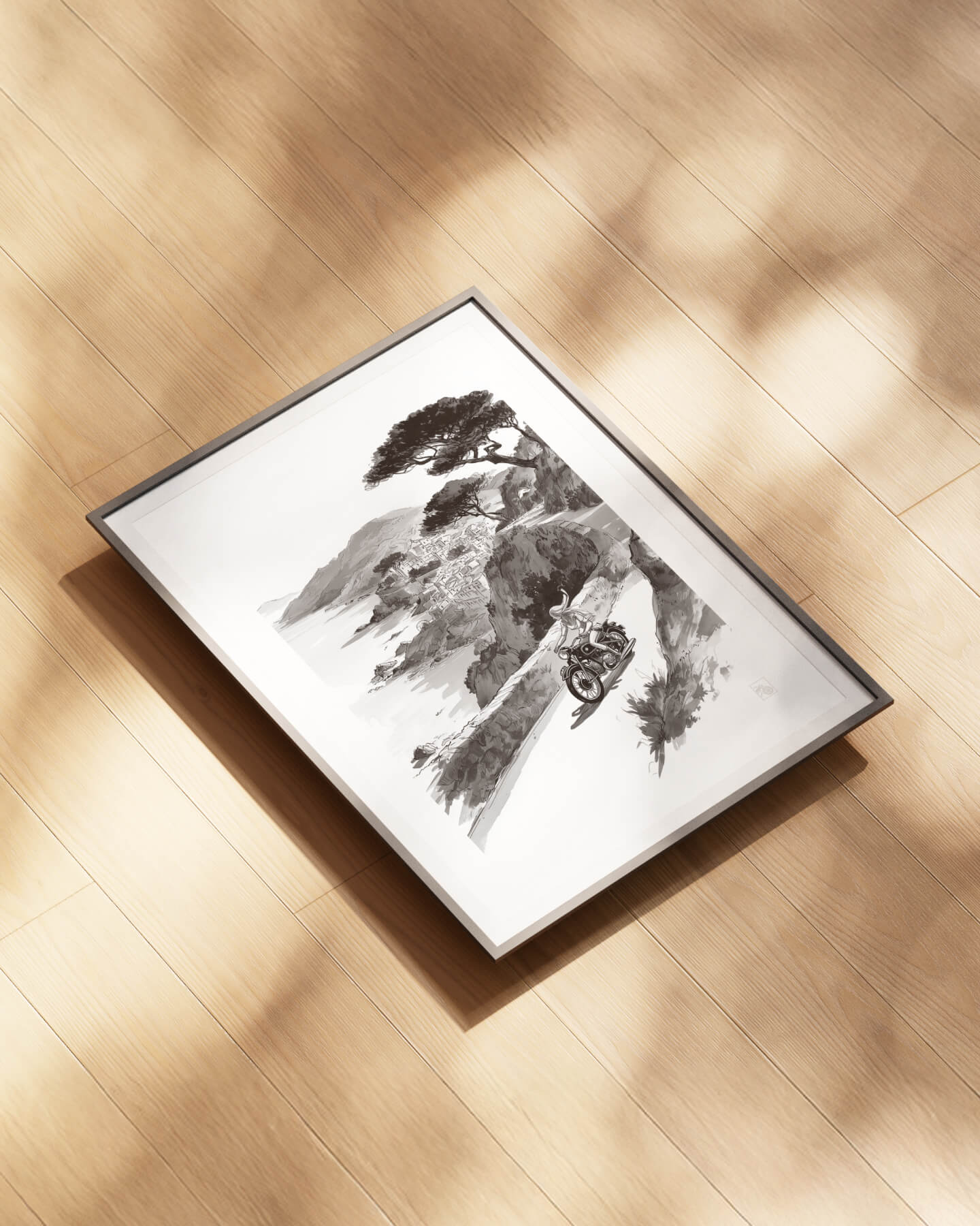 Affiche moto BMW Twin encre sumi e route côtière Côte d’Azur