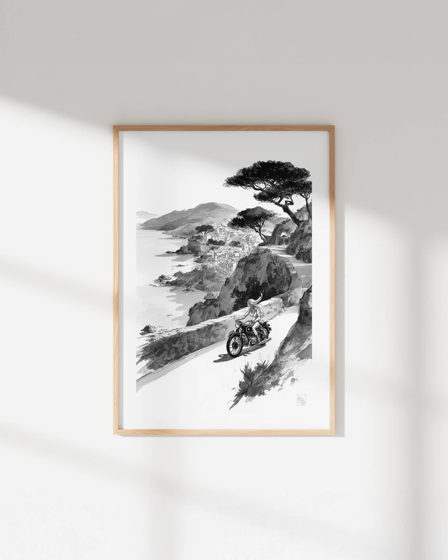 Affiche moto BMW Twin encre sumi e route côtière Côte d’Azur