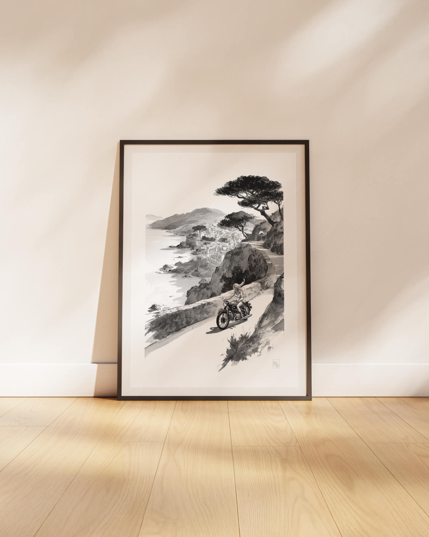 Affiche moto BMW Twin encre sumi e route côtière Côte d’Azur