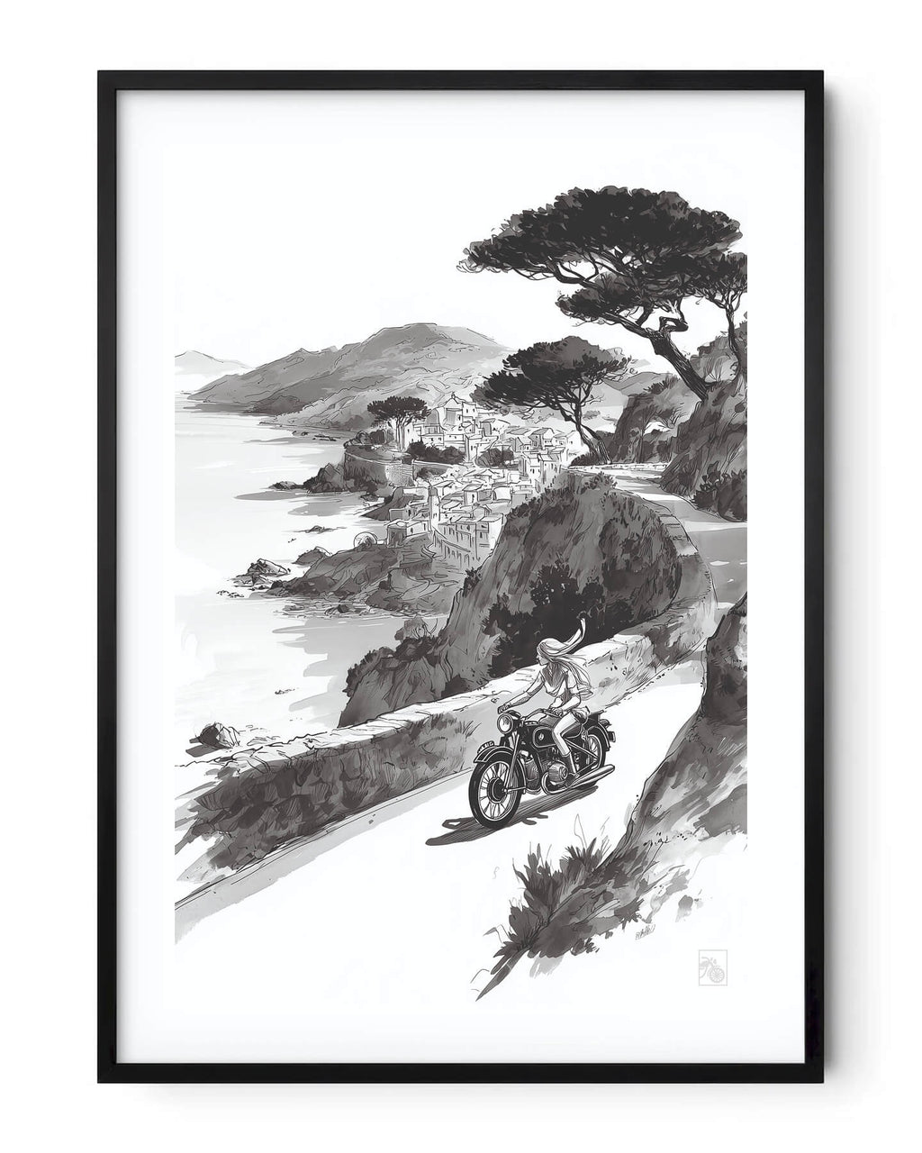 Affiche moto BMW Twin encre sumi e route côtière Côte d’Azur