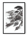 Affiche moto BMW Twin encre sumi e route côtière Côte d’Azur