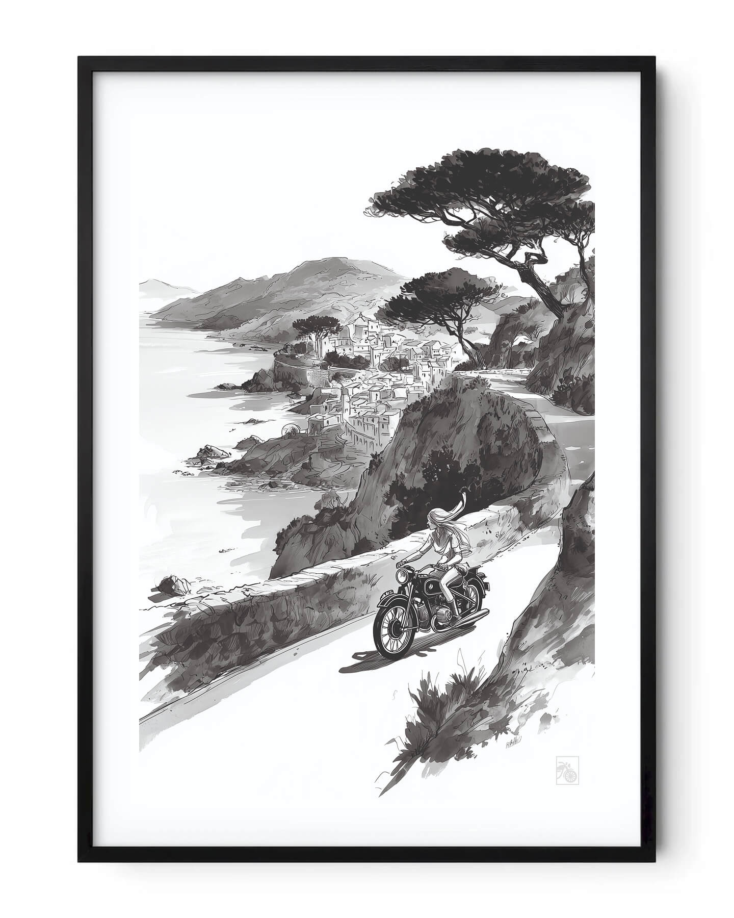 Affiche moto BMW Twin encre sumi e route côtière Côte d’Azur