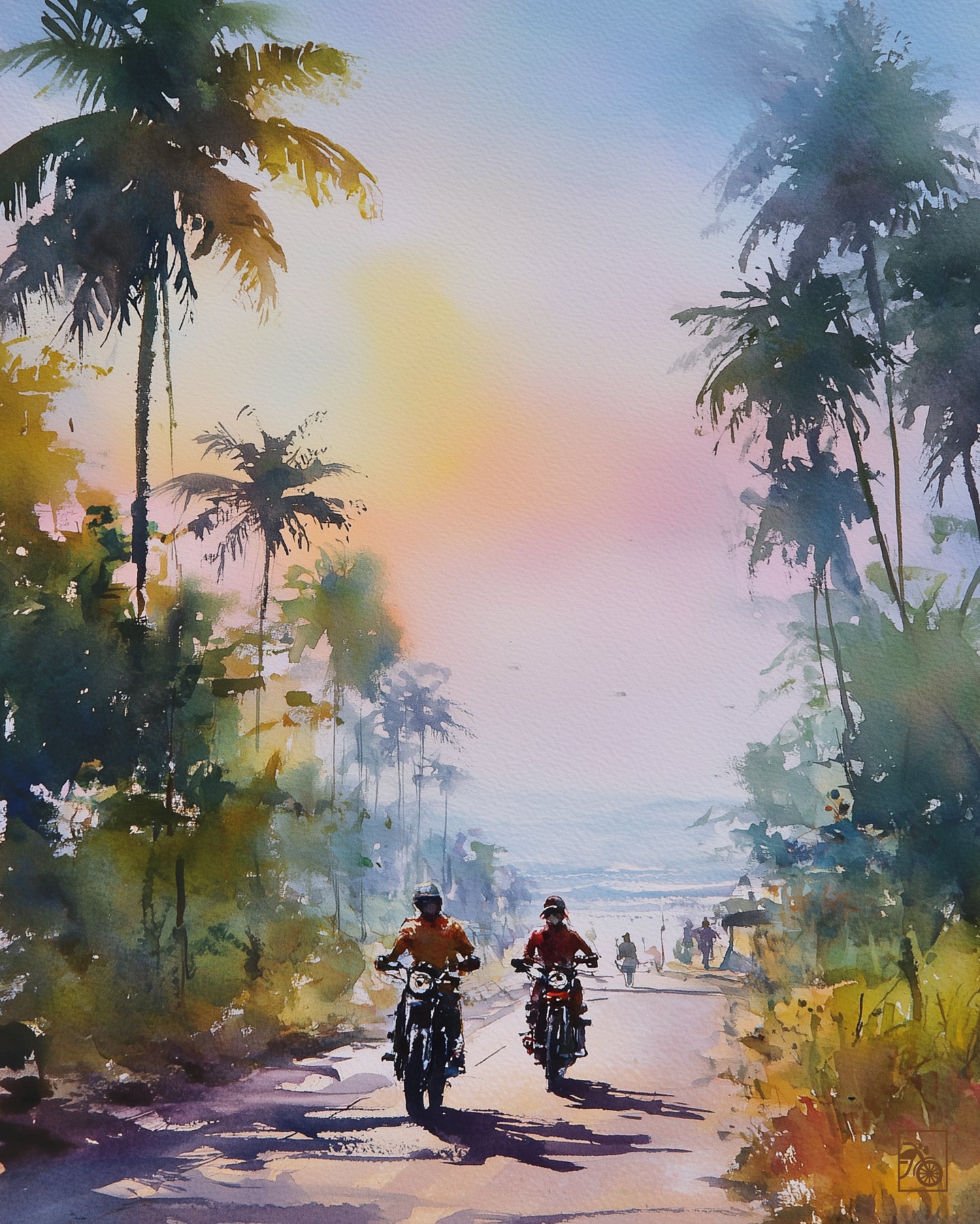 Affiche moto bikers custom aquarelle route tropicale Brésil