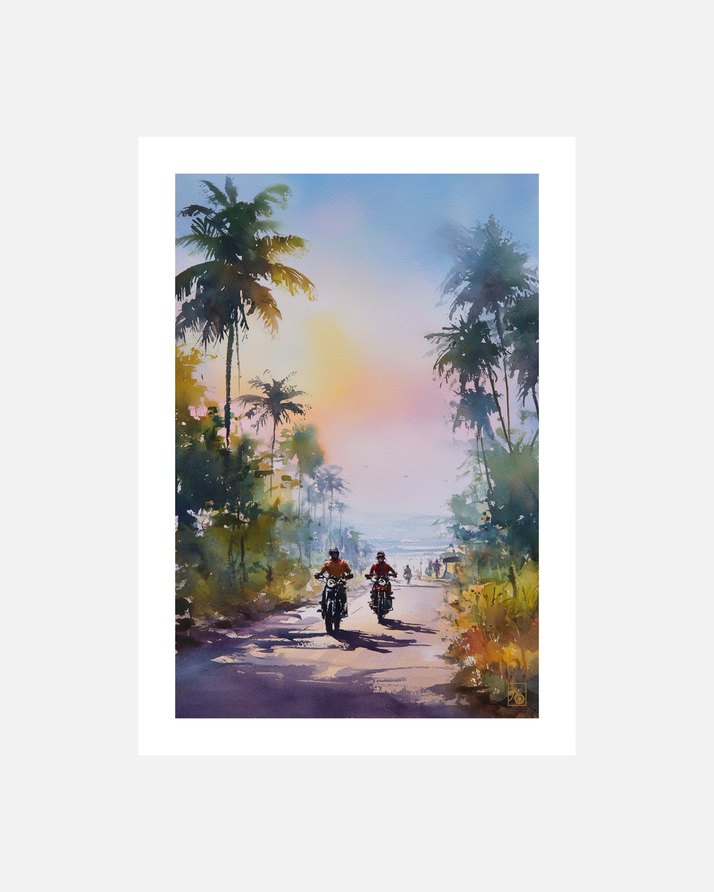 Affiche moto bikers custom aquarelle route tropicale Brésil