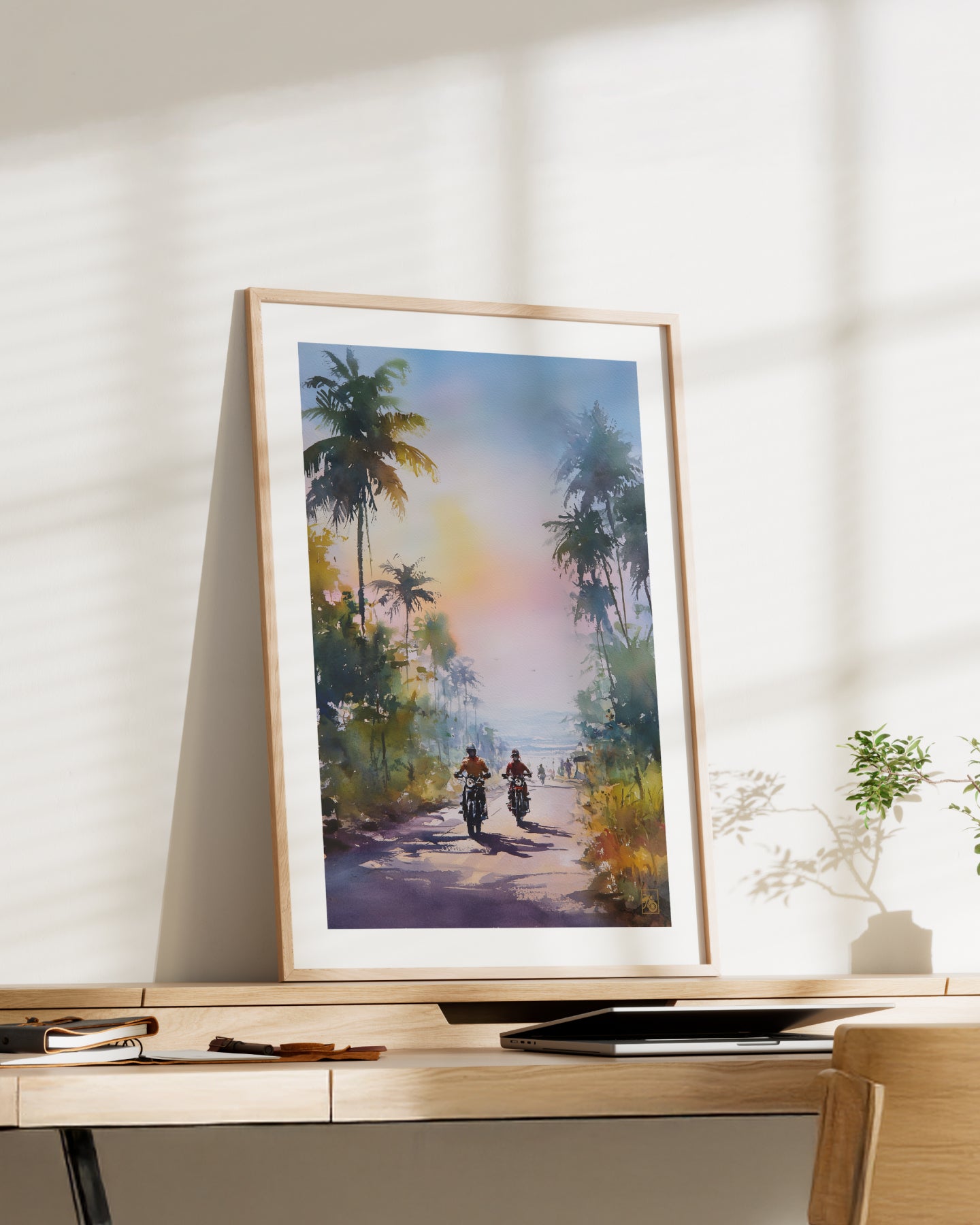 Affiche moto bikers custom aquarelle route tropicale Brésil