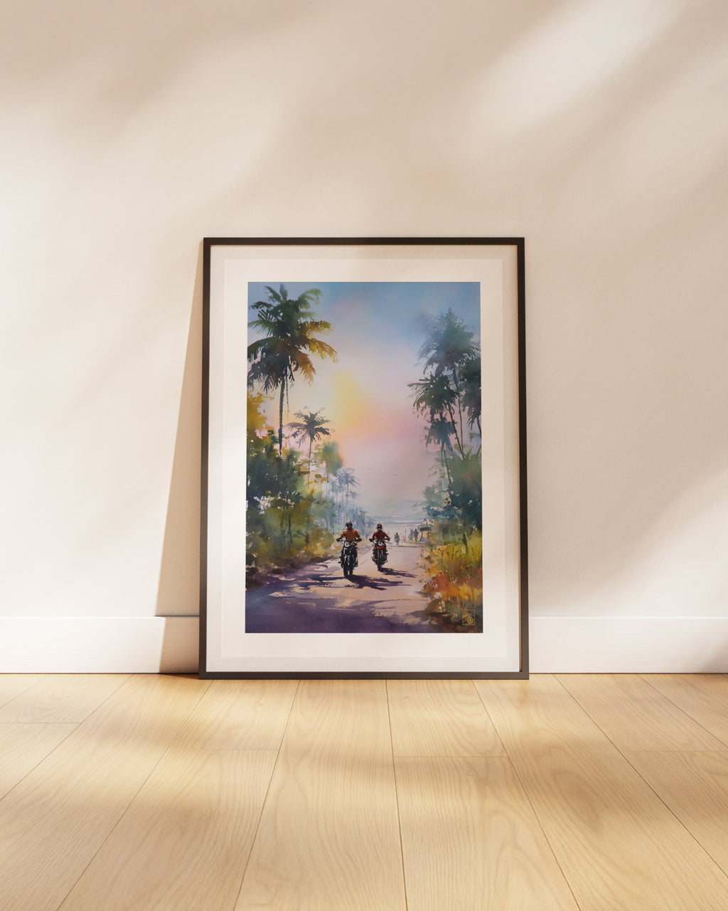Affiche moto bikers custom aquarelle route tropicale Brésil