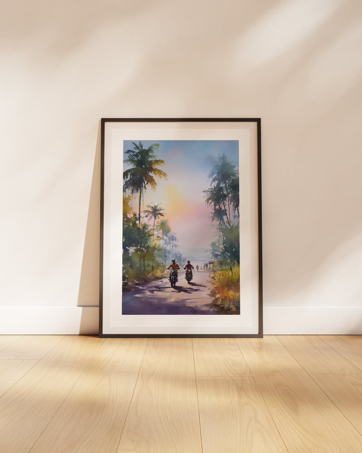 Affiche moto bikers custom aquarelle route tropicale Brésil