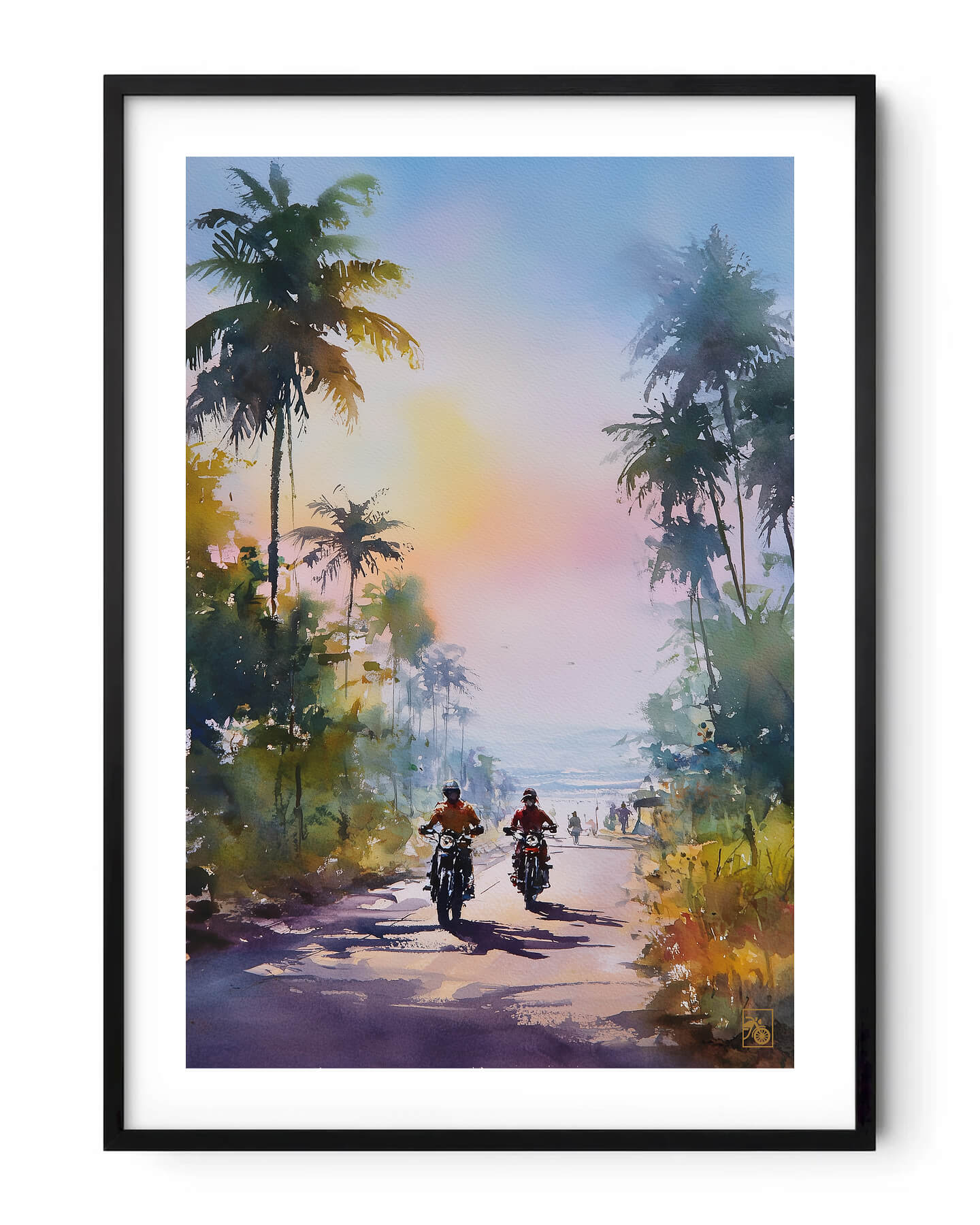 Affiche moto bikers custom aquarelle route tropicale Brésil