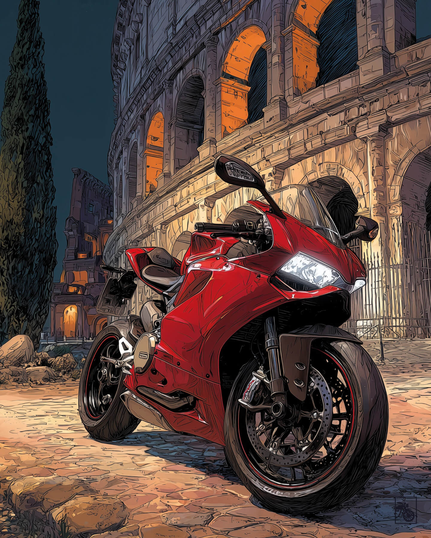 Affiche moto Ducati peinture Michelangelo Colisée Rome