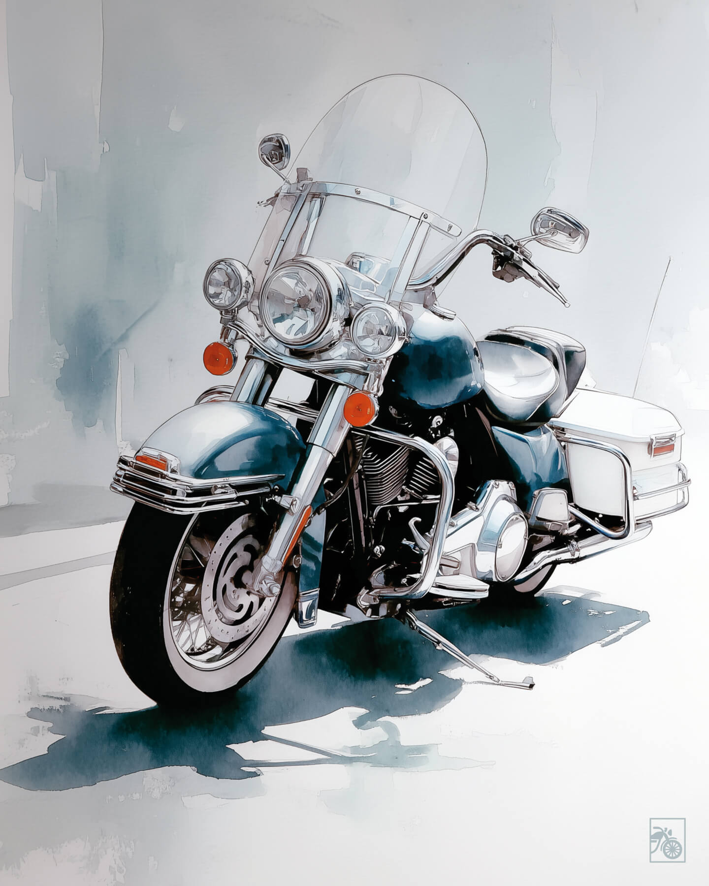 Affiche moto Harley-Davidson Road King aquarelle fond minimaliste