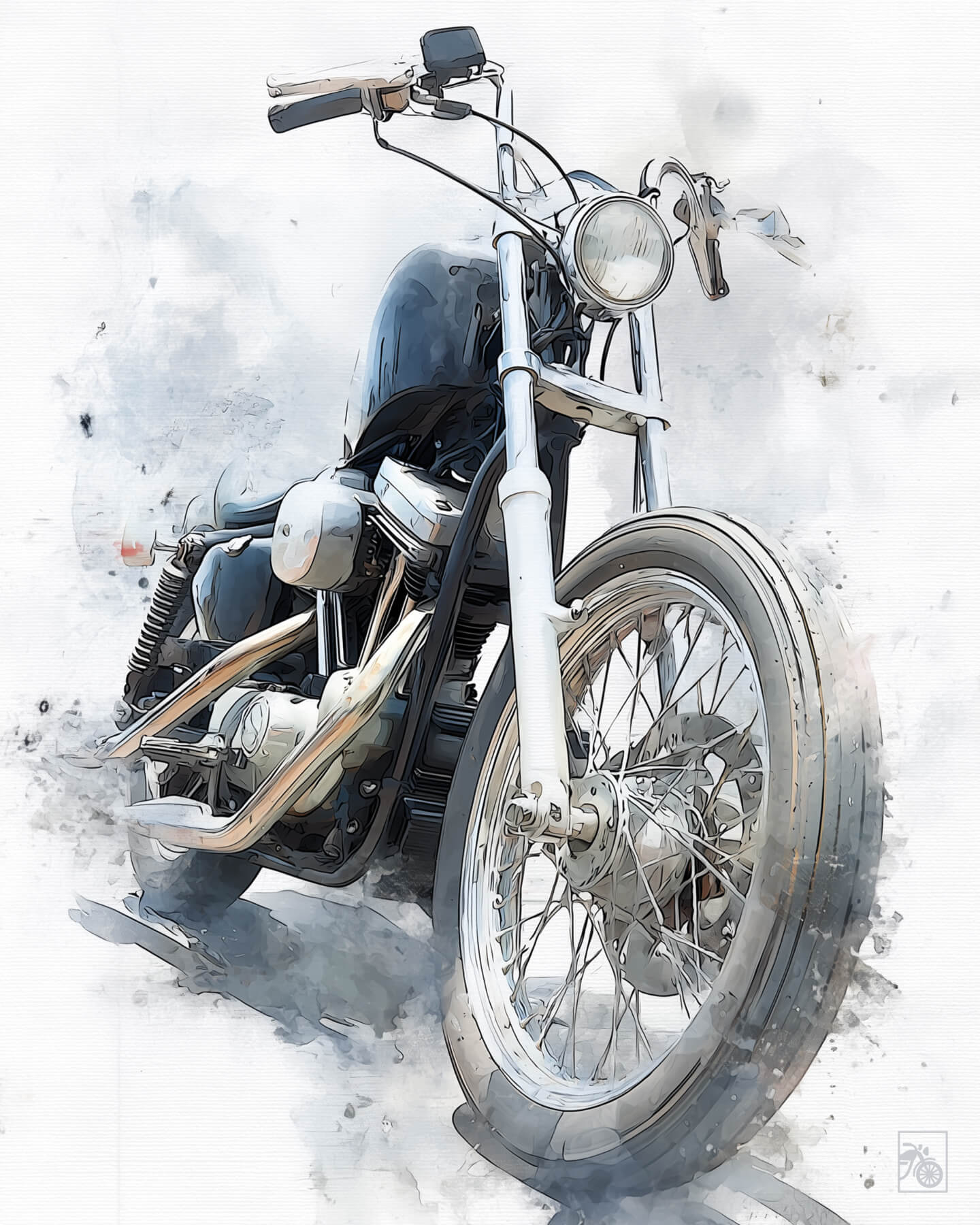 Affiche moto Harley-Davidson Shovelhead aquarelle fond blanc
