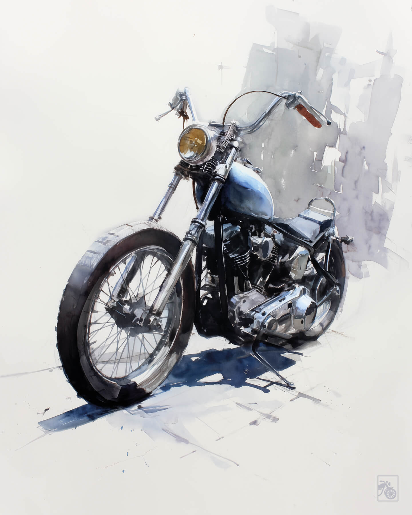 Affiche moto Harley-Davidson Shovelhead aquarelle fond minimaliste