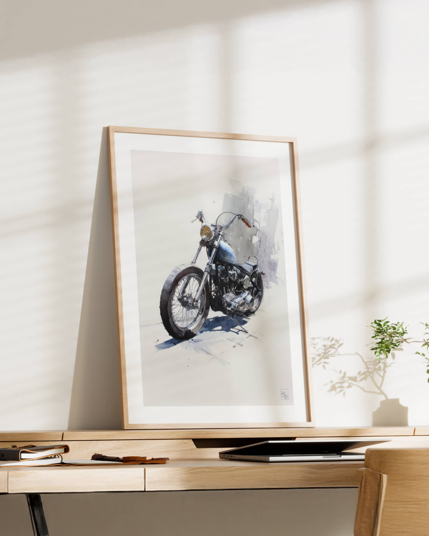 Affiche moto Harley-Davidson Shovelhead aquarelle fond minimaliste