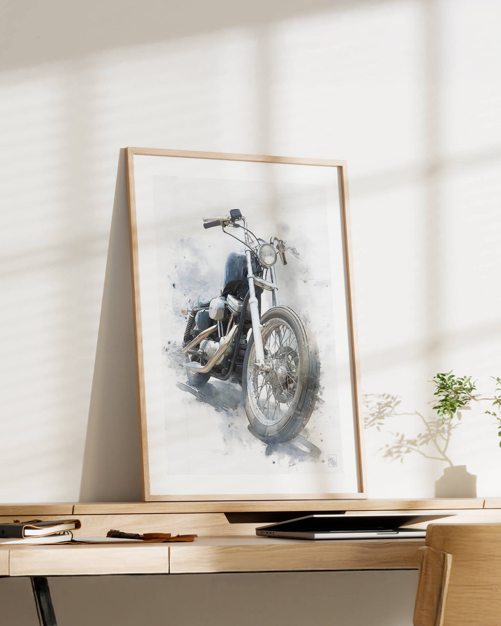 Affiche moto Harley-Davidson Shovelhead aquarelle fond blanc