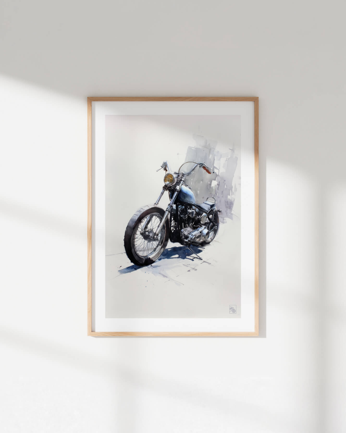 Affiche moto Harley-Davidson Shovelhead aquarelle fond minimaliste