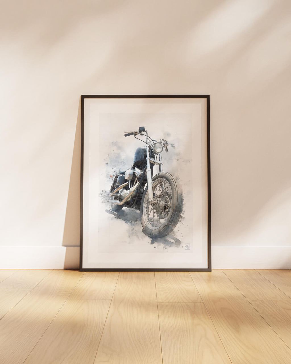 Affiche moto Harley-Davidson Shovelhead aquarelle fond blanc