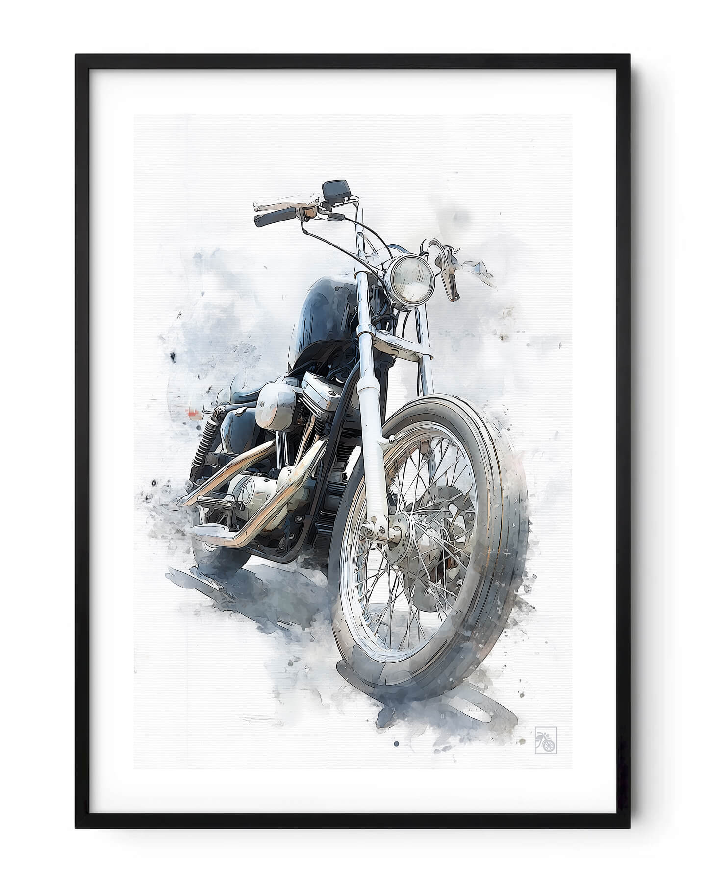 Affiche moto Harley-Davidson Shovelhead aquarelle fond blanc