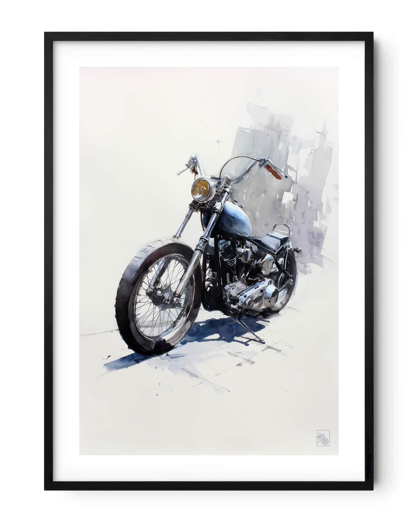 Affiche moto Harley-Davidson Shovelhead aquarelle fond minimaliste