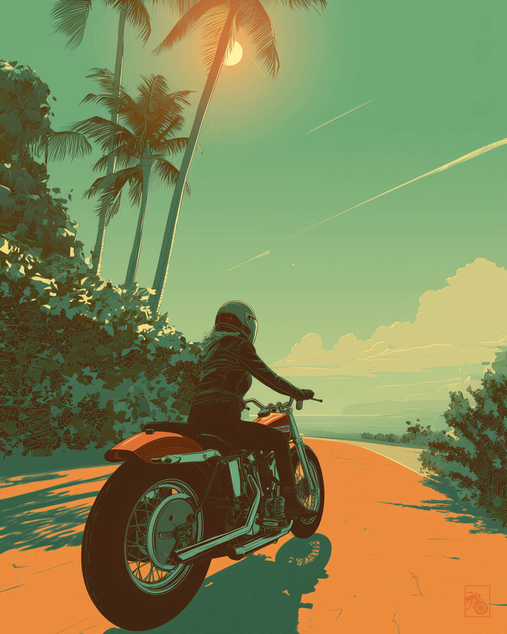 Affiche moto Harley-Davidson Shovelhead illustration route côtière