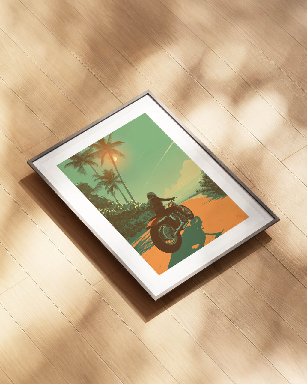 Affiche moto Harley-Davidson Shovelhead illustration route côtière