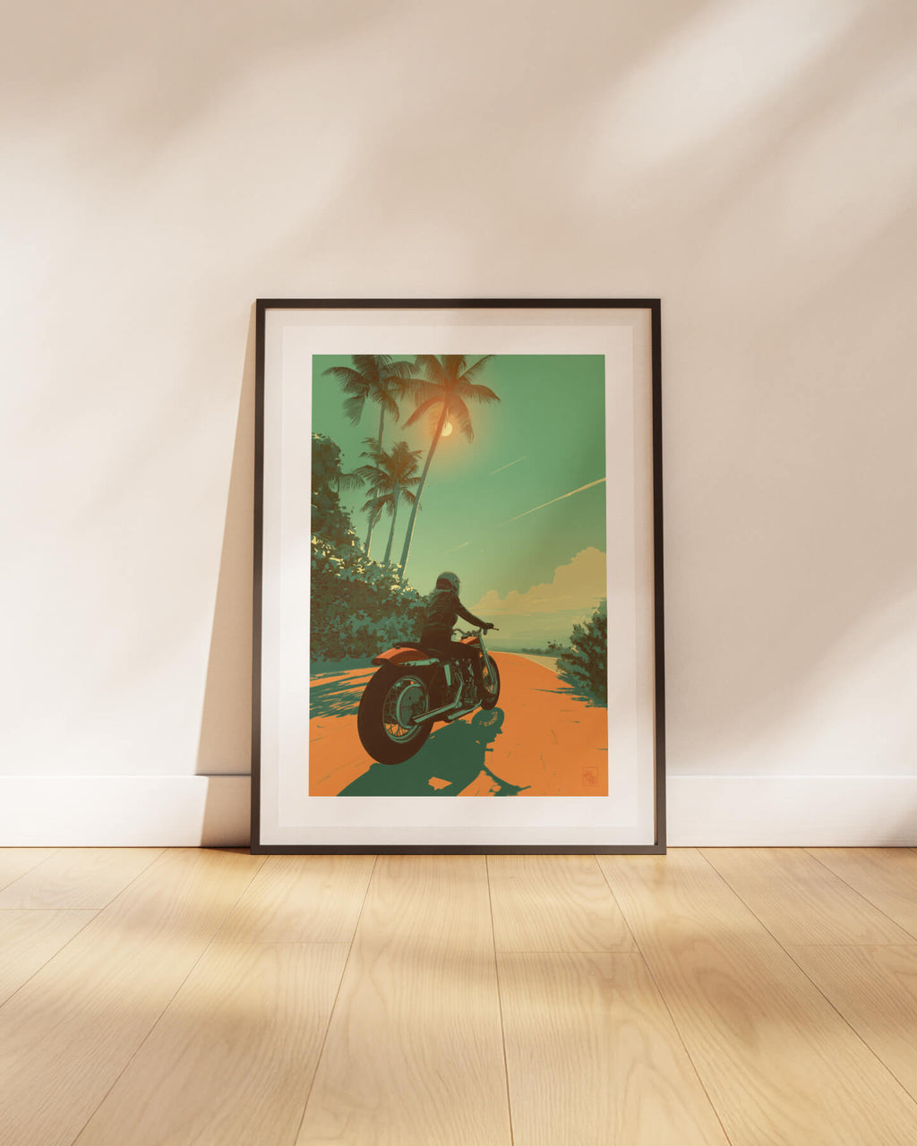 Affiche moto Harley-Davidson Shovelhead illustration route côtière