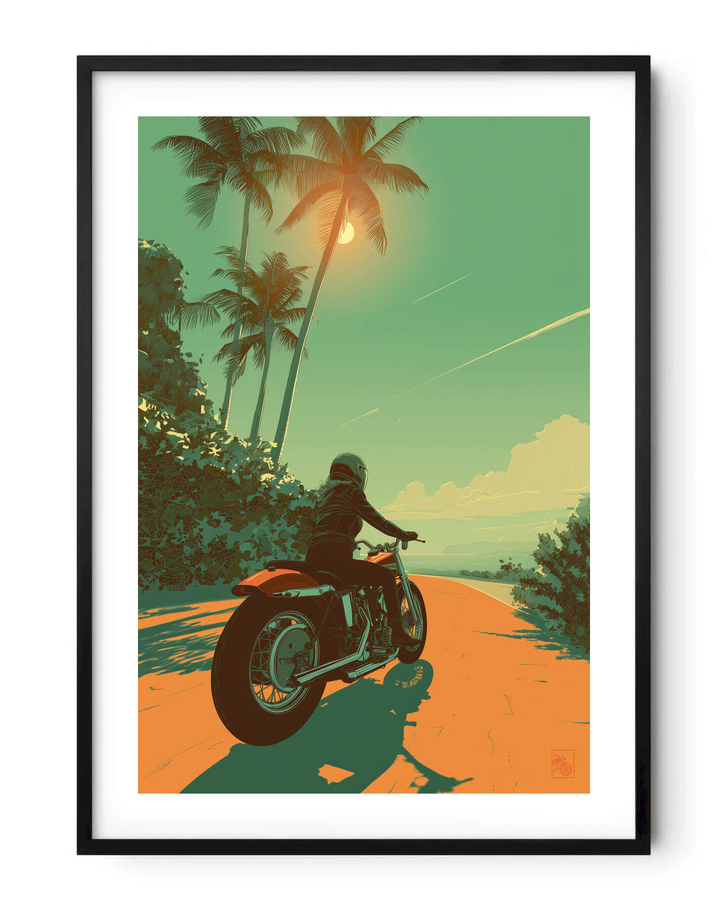 Affiche moto Harley-Davidson Shovelhead illustration route côtière